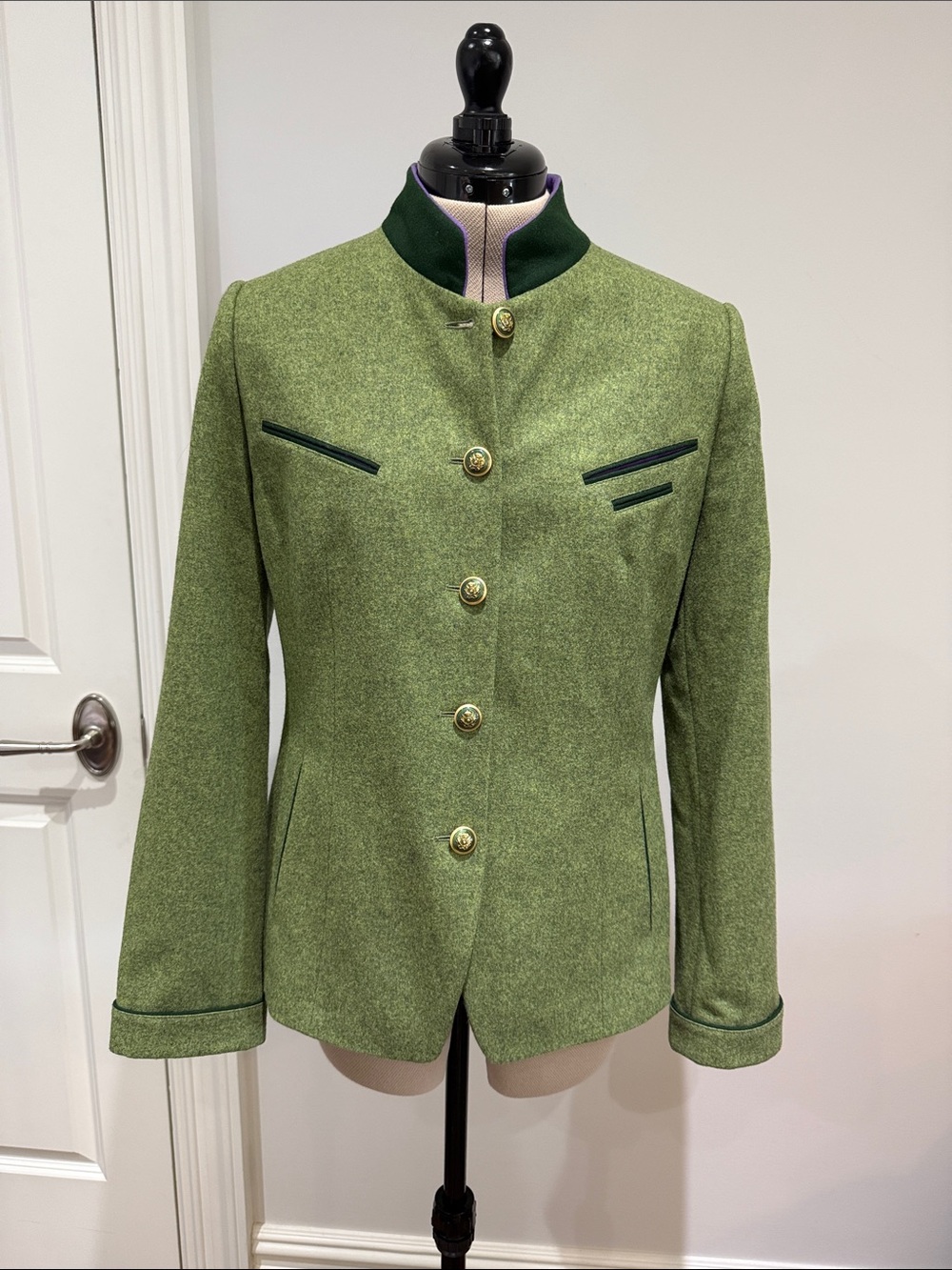 Vintage Susanne von Dörnberg Tweed Green Linen Stand-Collar Wool Blazer 40